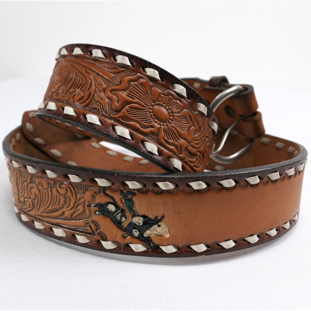 Tony Lama Mens 42 Western Tooled Bull Rider Rodeo Leather Belt Buckstitch VTG